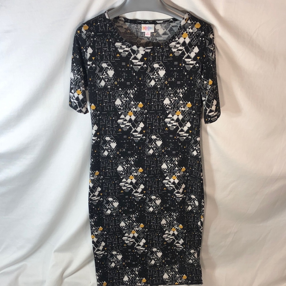 LuLaRoe Black Geometric Midi Dress with White and Yellow Accents